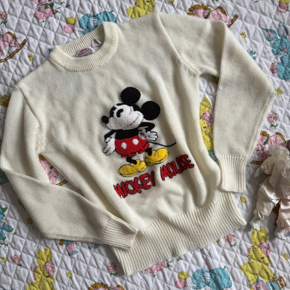Disney 1970s Cream Sweater with Mickey Mouse Design